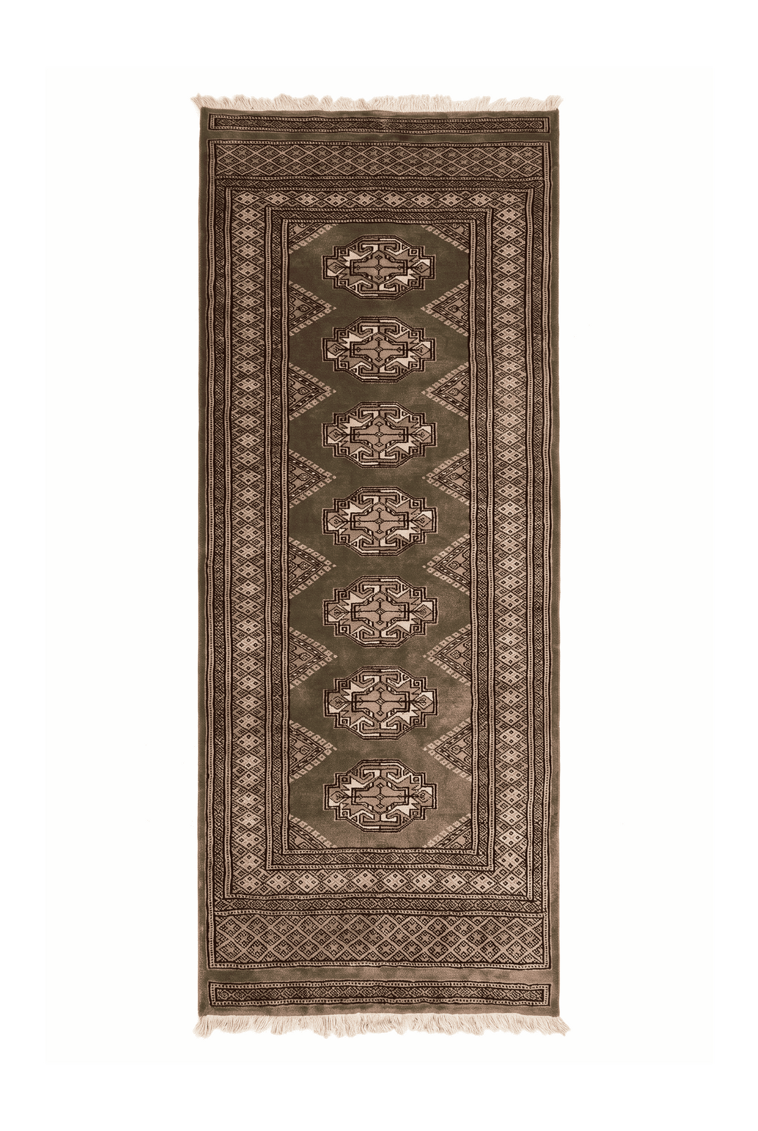 Olive green and beige Yamoud hand-knotted wool rug, 69×157cm, entrance mat size