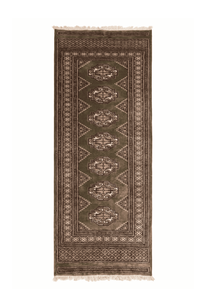 Olive green and beige Yamoud hand-knotted wool rug, 69×157cm, entrance mat size
