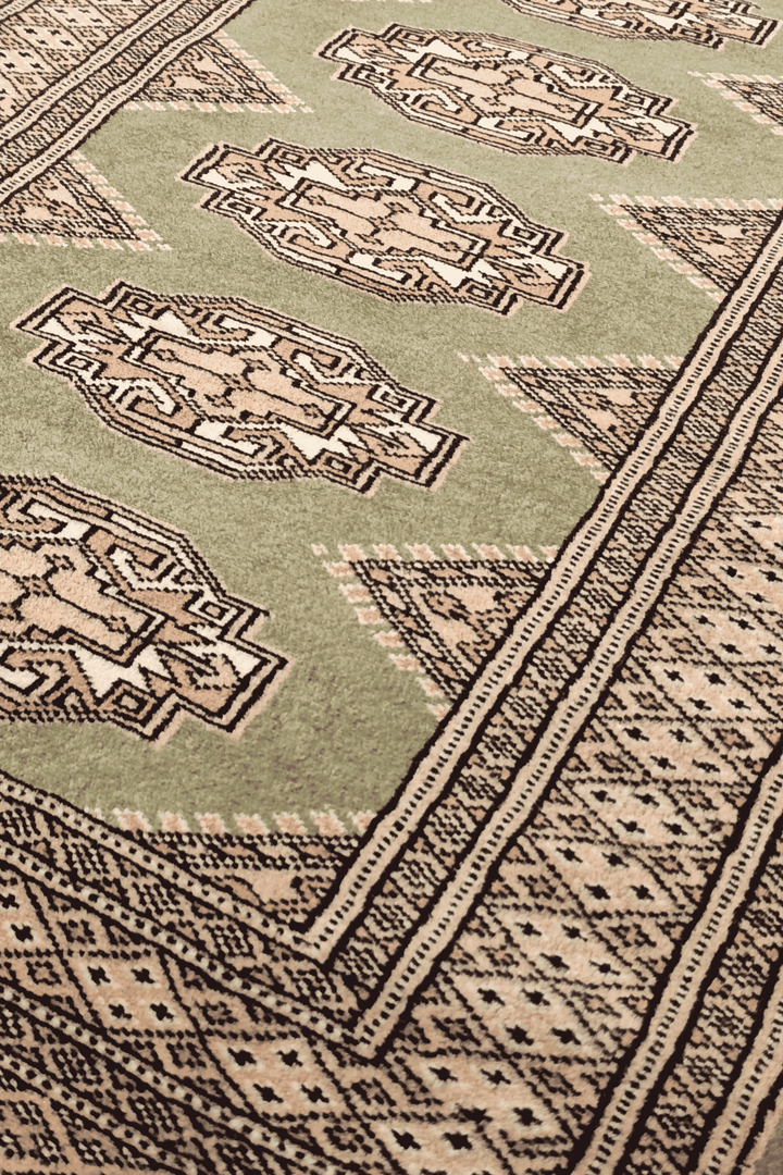 Turkmen Yamoud motifs in olive and beige on wool rug, 69×157cm