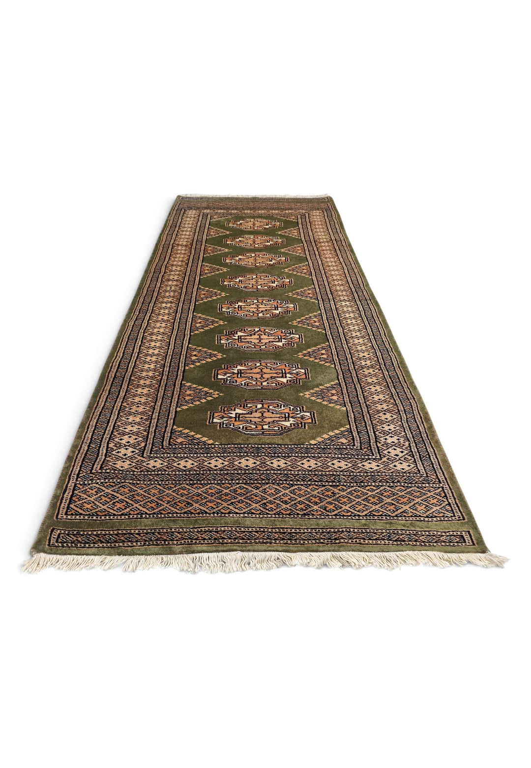 Border detail of olive beige hand-knotted Yamoud rug, 69×157cm