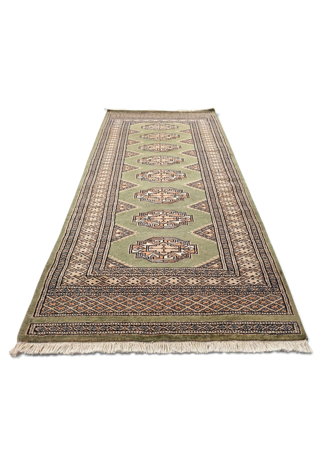 Hand-knotted wool pile of olive beige Yamoud rug, 69×157cm