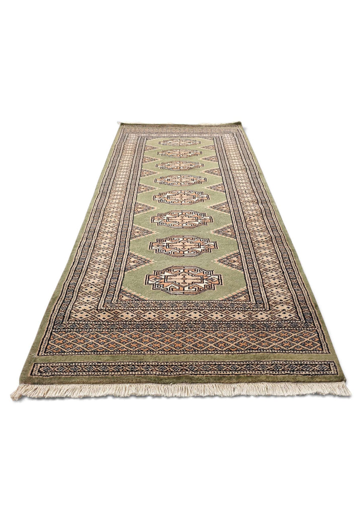 Hand-knotted wool pile of olive beige Yamoud rug, 69×157cm