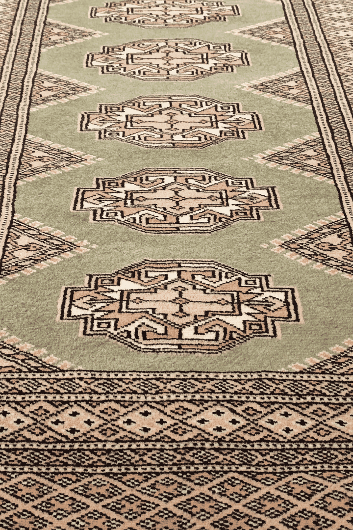 Hand-knotted olive Yamoud rug with Turkmen design, 69×157cm