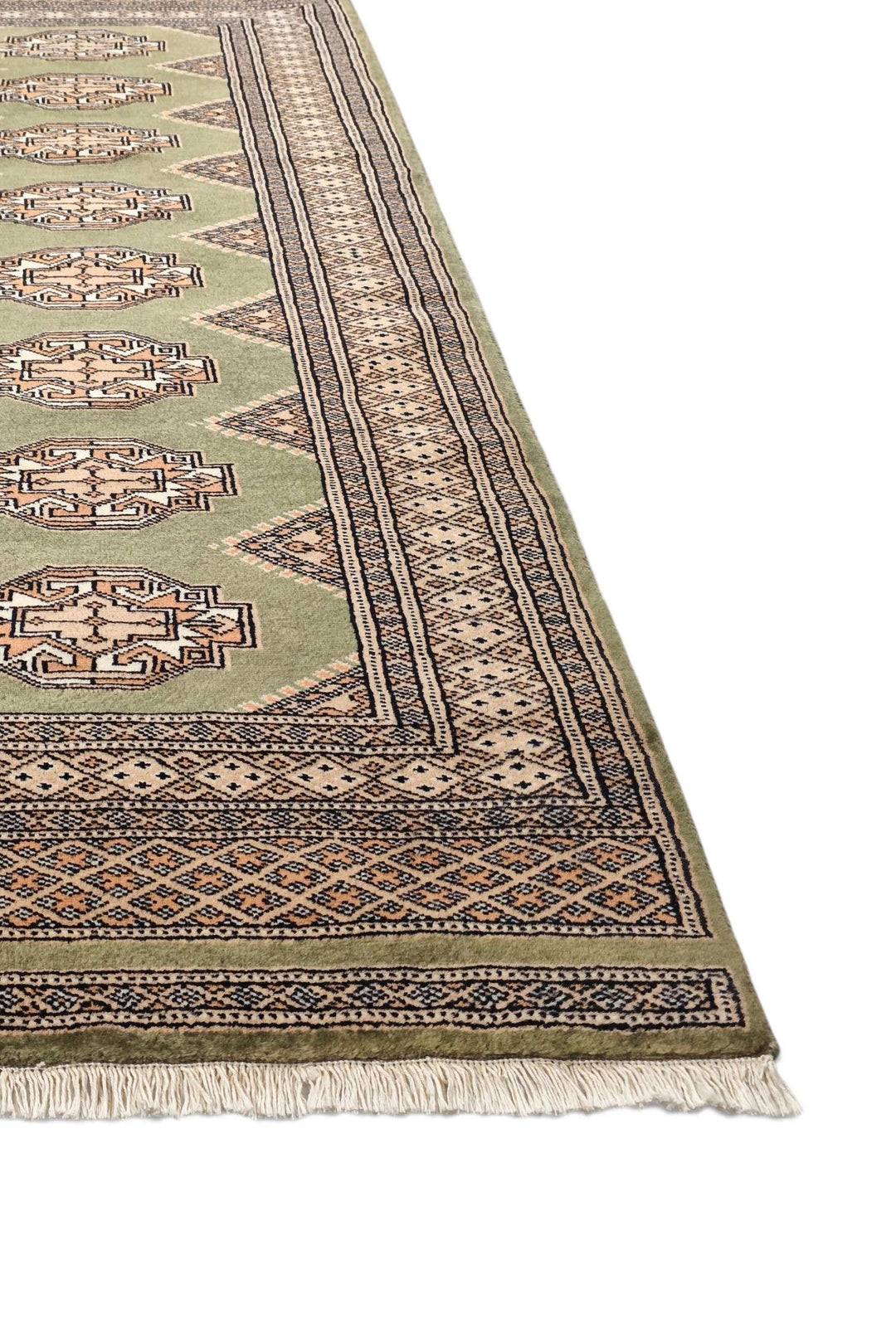Olive and beige hand-knotted Yamoud wool rug, 69×157cm