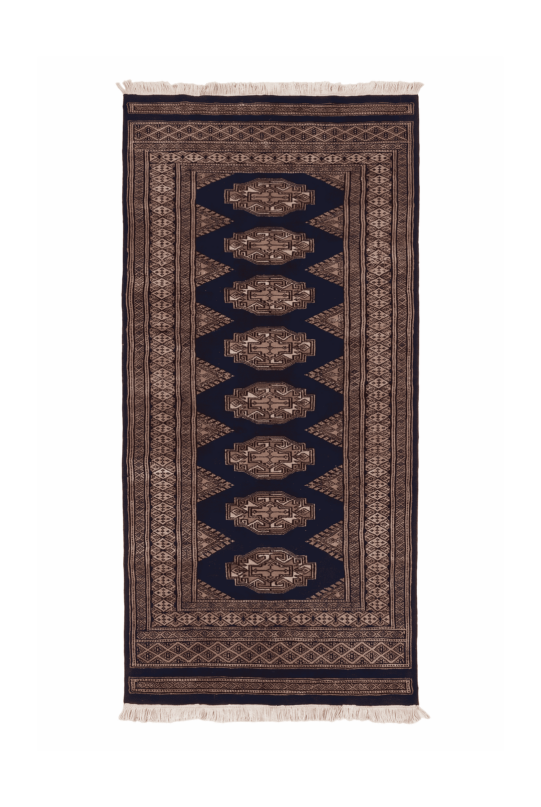 Navy and beige Yamoud hand-knotted wool rug, 70×158cm, entrance mat size