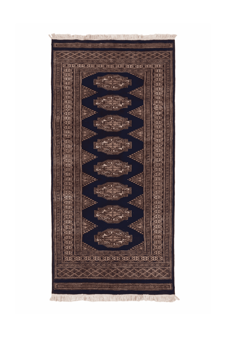Navy and beige Yamoud hand-knotted wool rug, 70×158cm, entrance mat size