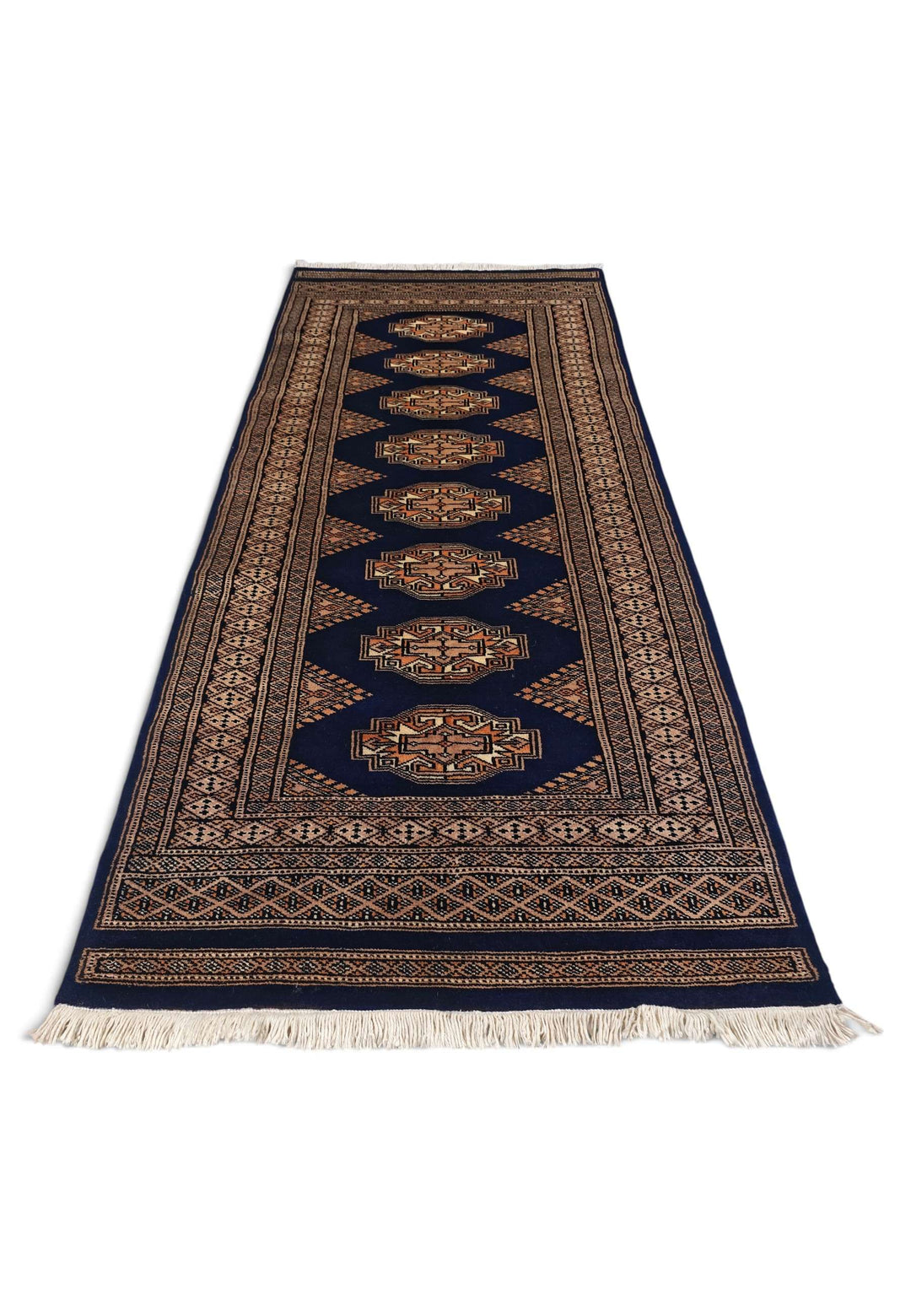 Border detail of navy and beige hand-knotted Yamoud rug