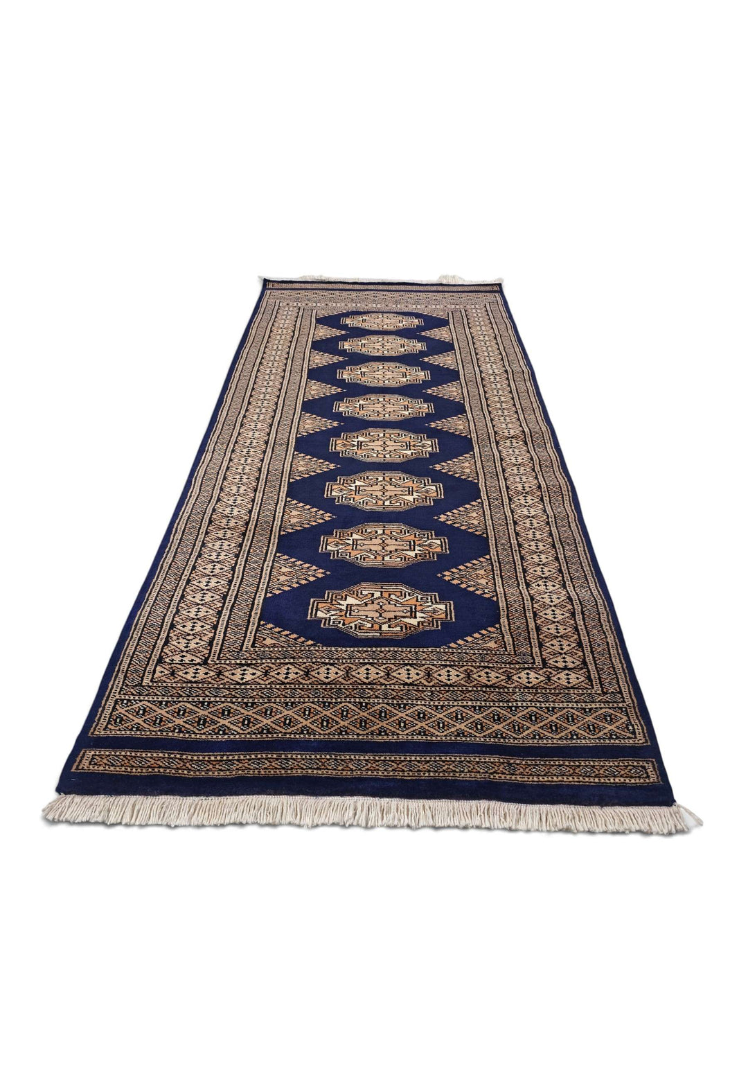 Hand-knotted wool pile of navy Yamoud rug, 70×158cm