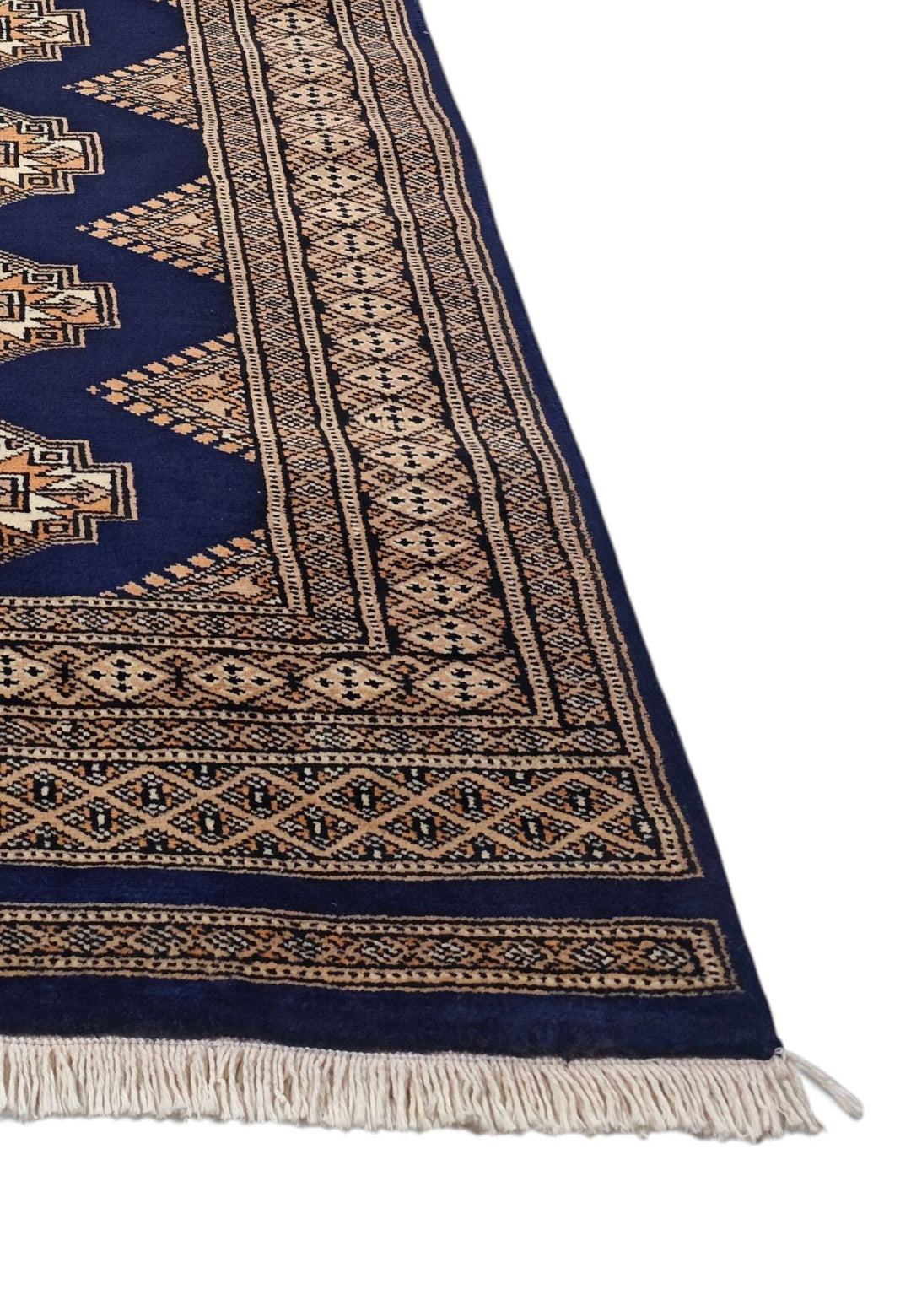 Navy and beige hand-knotted Yamoud wool rug, 70×158cm