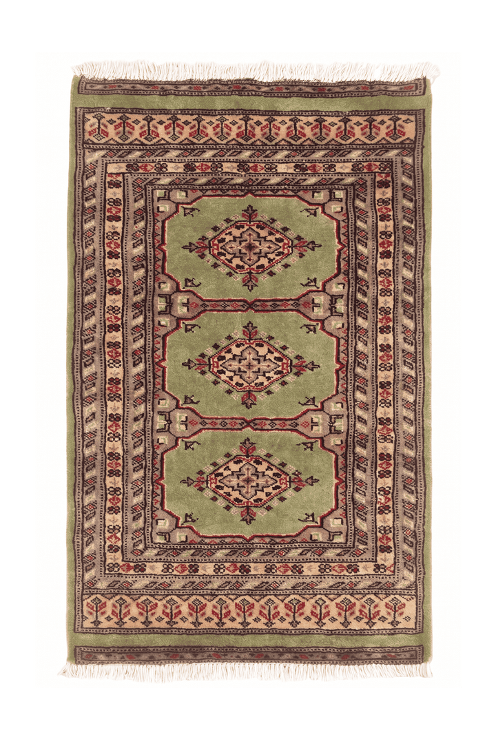 Olive green and gold Kazak triple medallion rug, 64×88cm, entrance mat