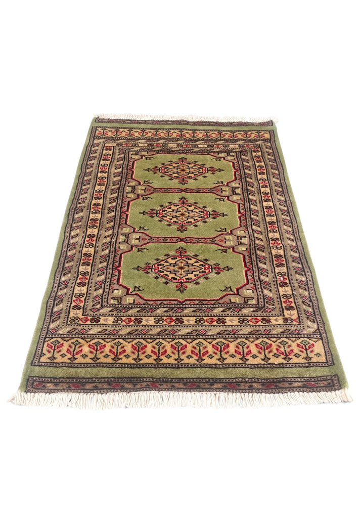 Border detail of olive green Kazak hand-knotted rug