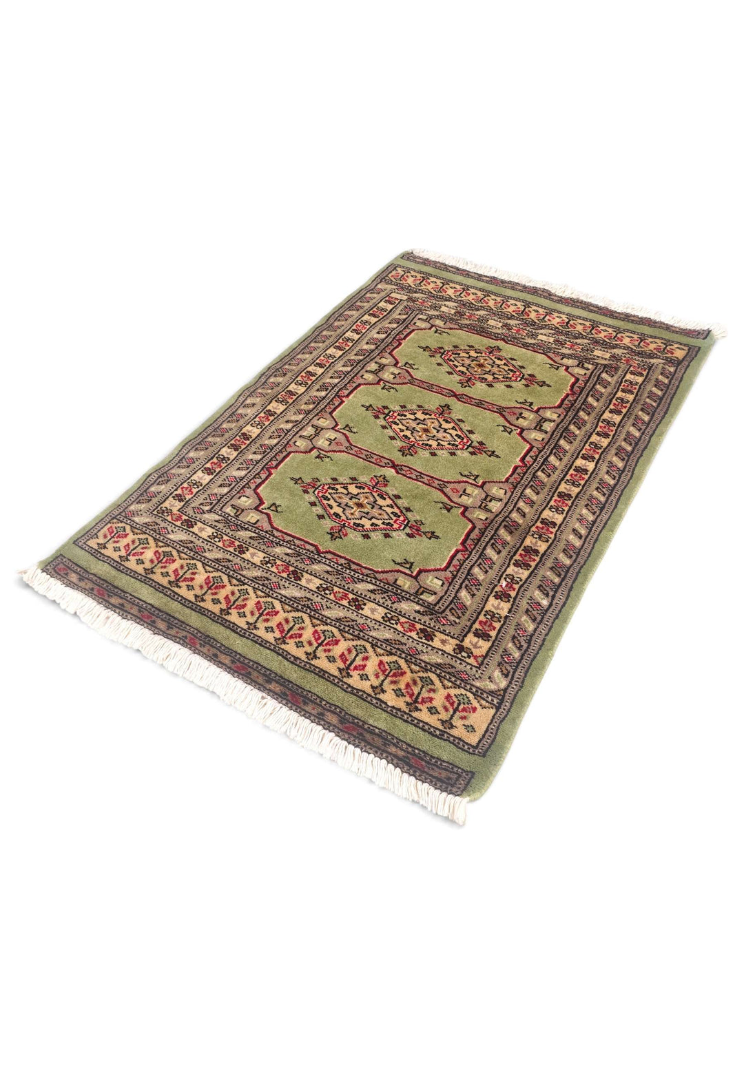 Hand-knotted wool pile of olive Kazak rug, 64×88cm