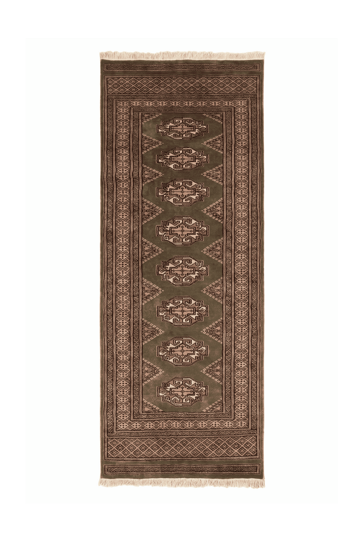 Olive green and beige Yamoud hand-knotted wool rug, 70×163cm, entrance mat size