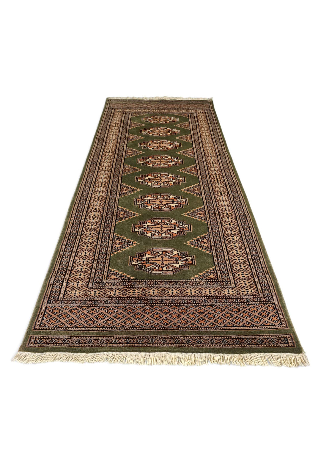 Hand-knotted wool pile of olive green Yamoud rug, 70×163cm