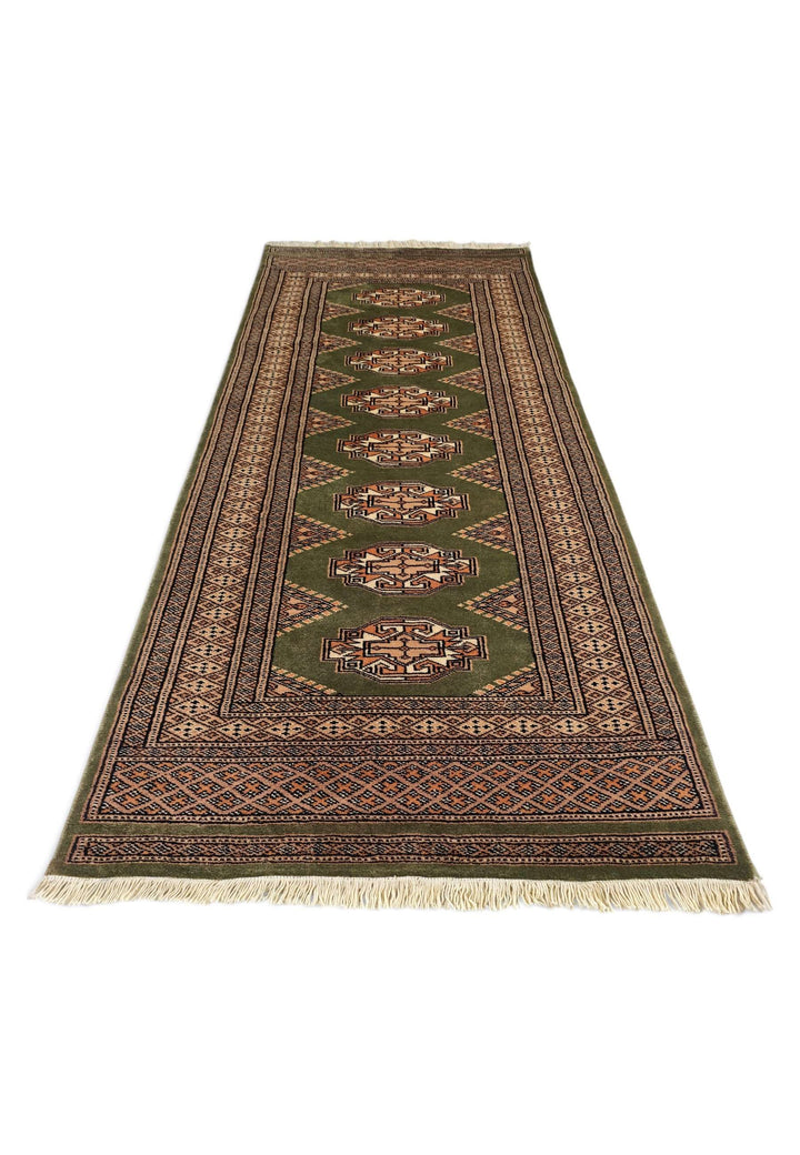 Hand-knotted wool pile of olive green Yamoud rug, 70×163cm