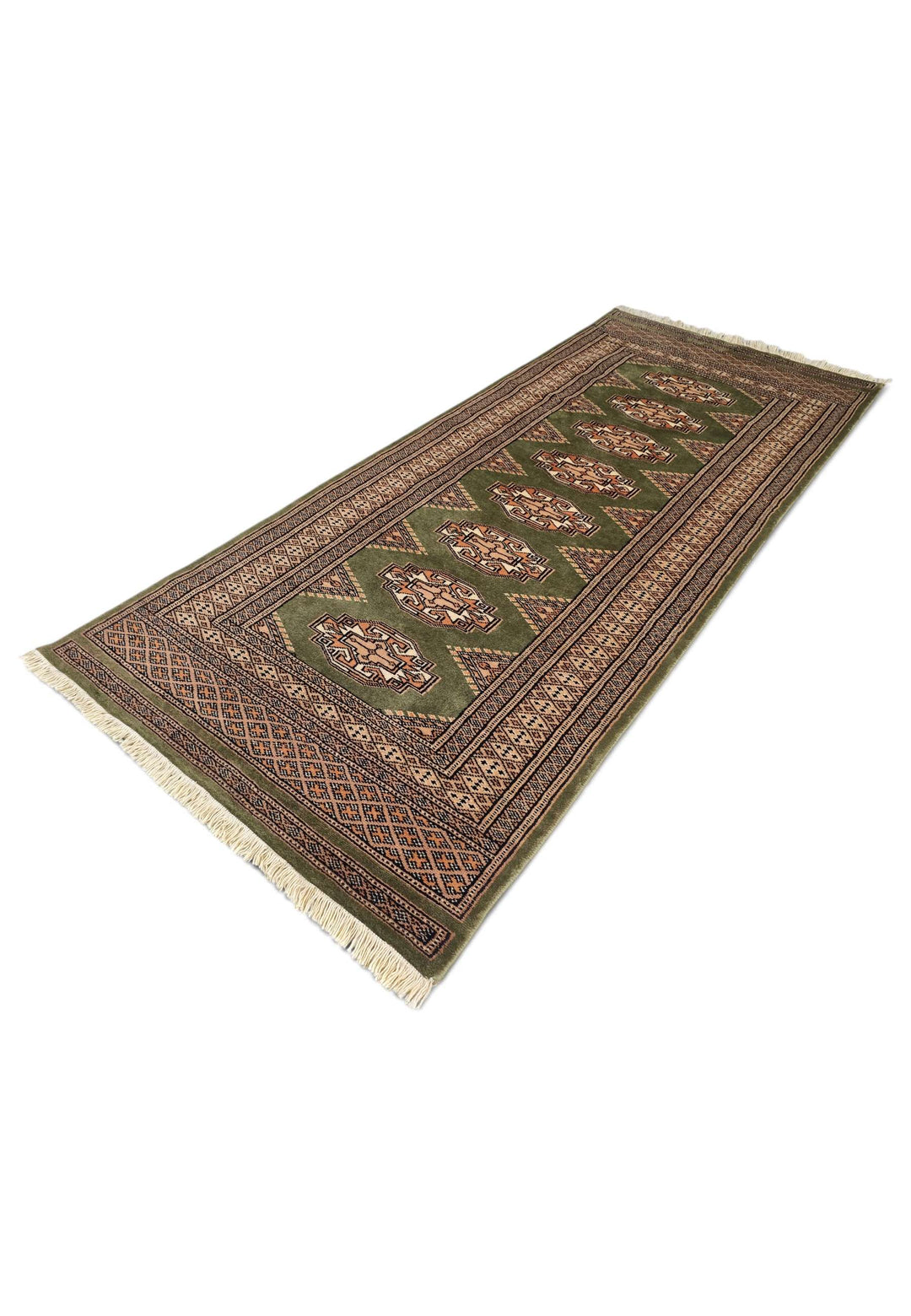 Olive green Yamoud wool rug 70×163cm, hand-knotted craftsmanship