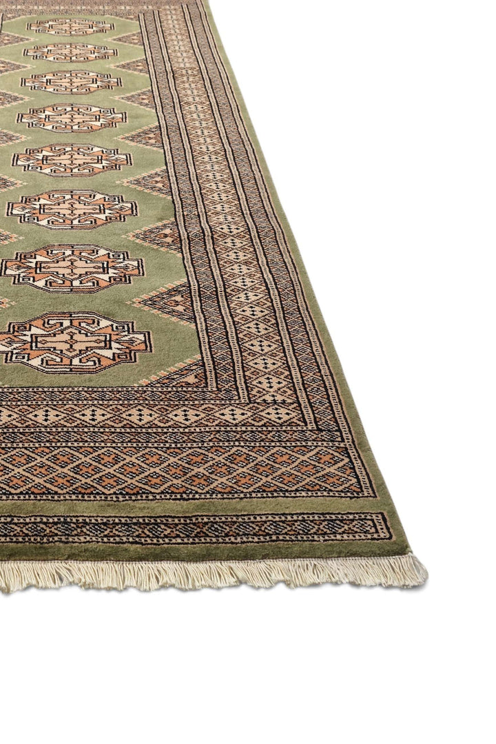 Olive green and beige hand-knotted Yamoud wool rug, 70×163cm