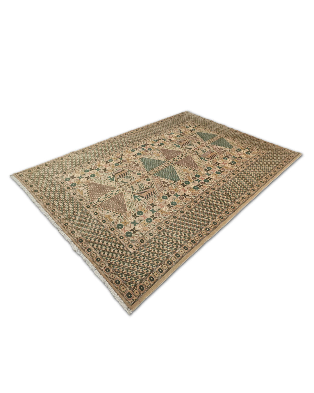 Hand-knotted wool pile of camel green Turkmen rug, 180×244cm