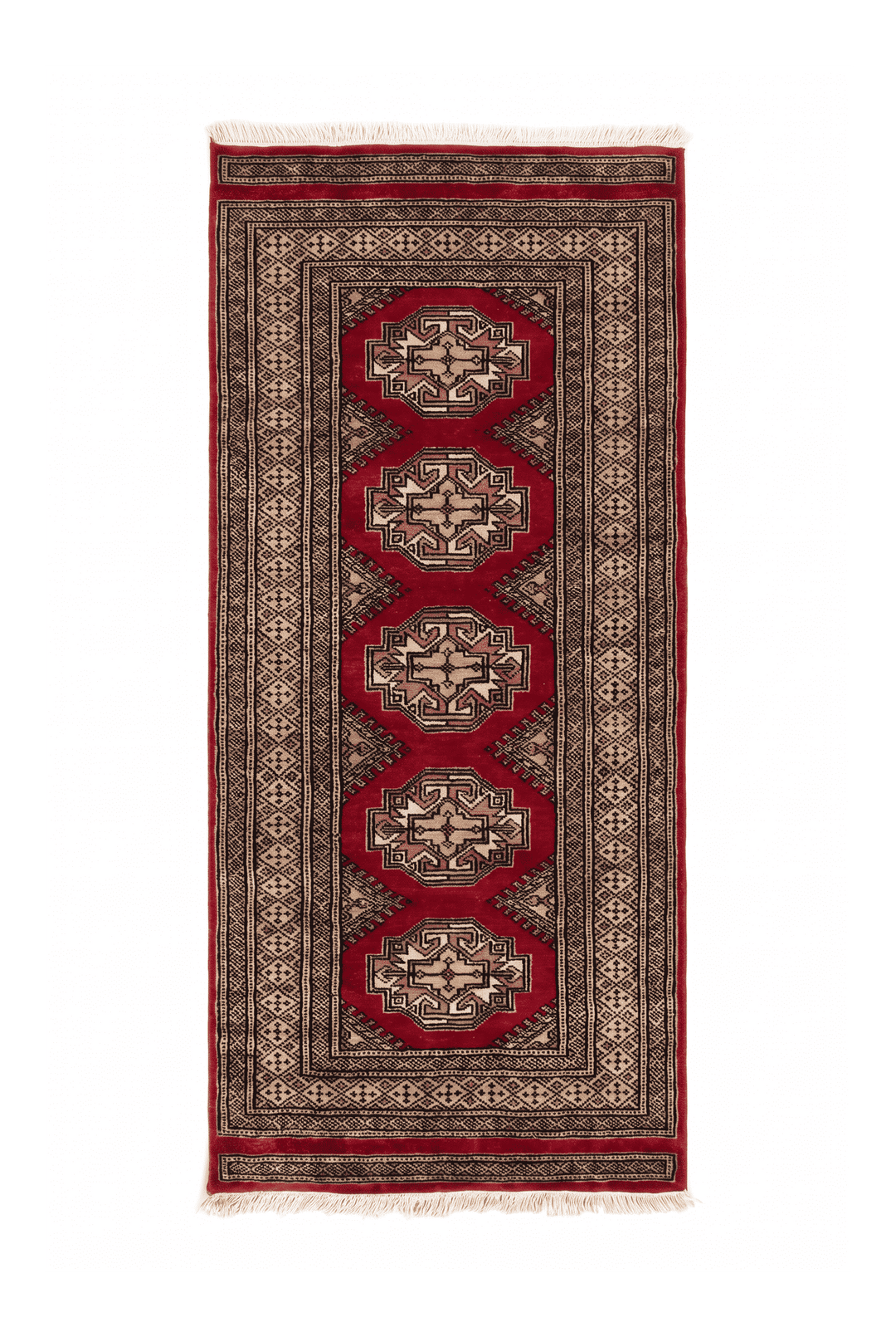 Red and beige Yamoud hand-knotted wool rug, 69×158cm, entrance mat size
