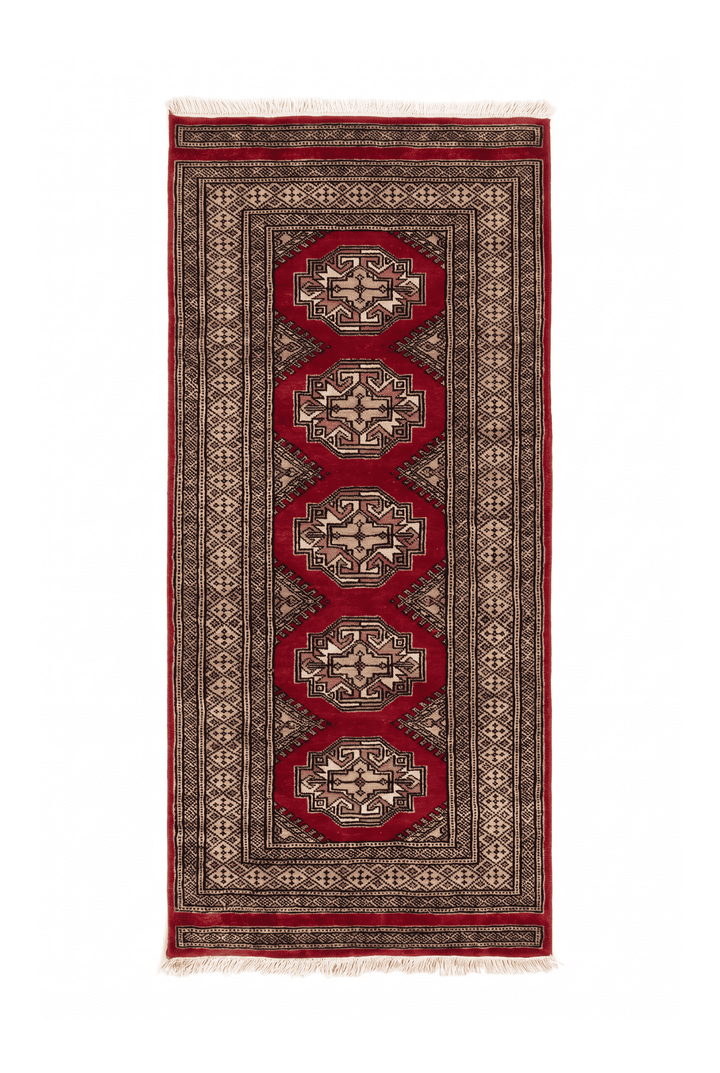 Red and beige Yamoud hand-knotted wool rug, 69×158cm, entrance mat size