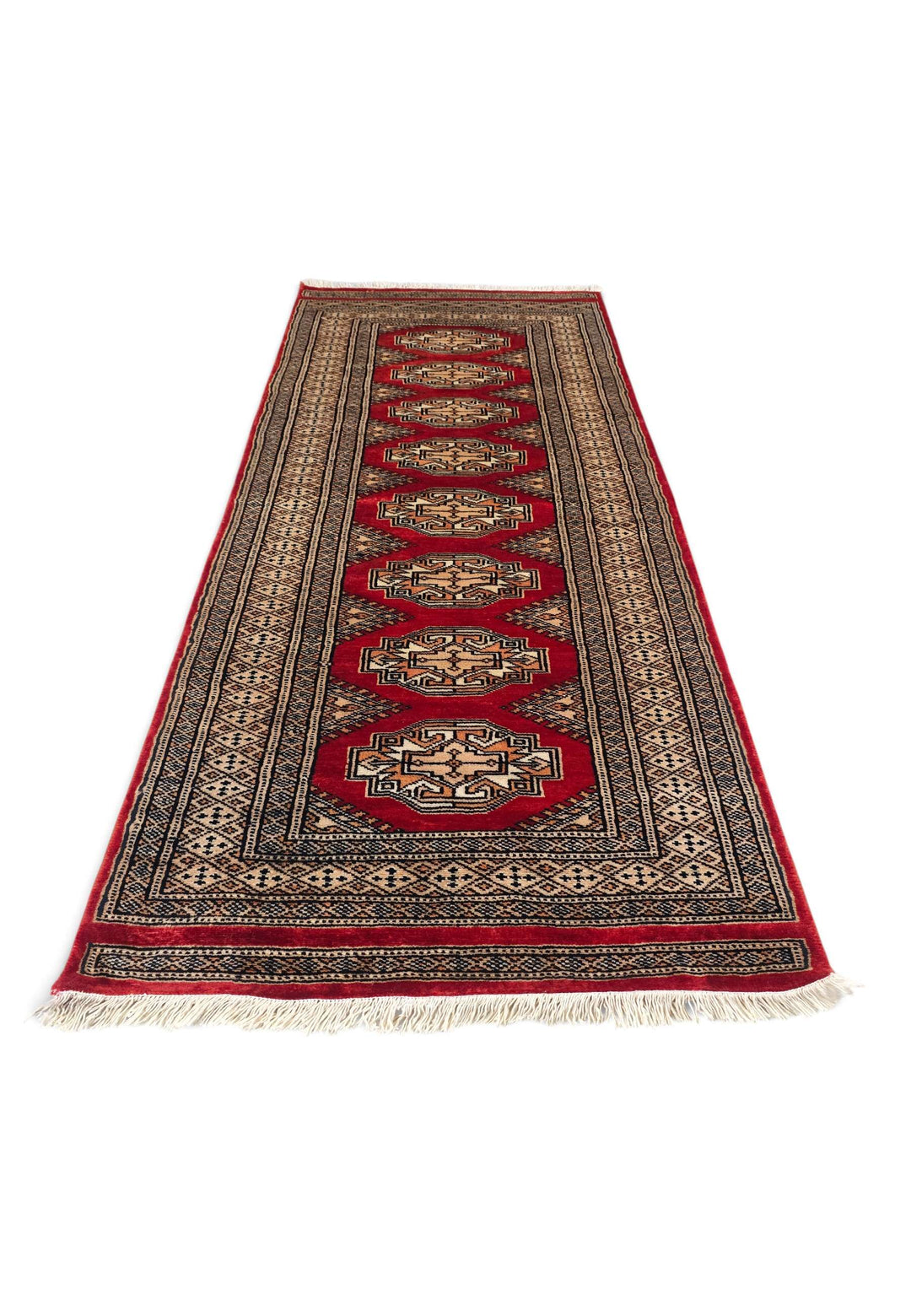 Border detail of red and beige hand-knotted Yamoud rug