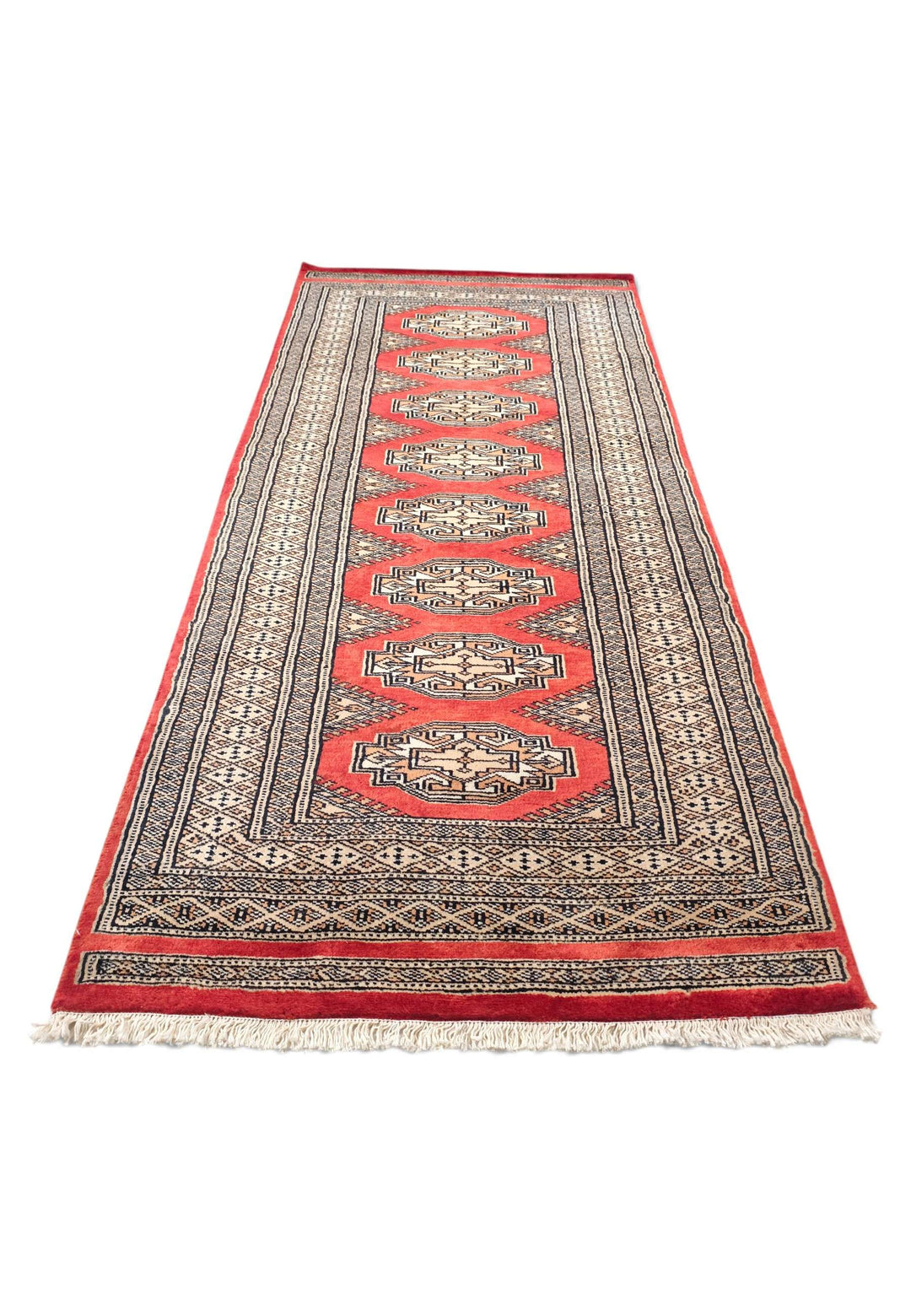 Hand-knotted wool pile of red beige Yamoud rug, 69×158cm