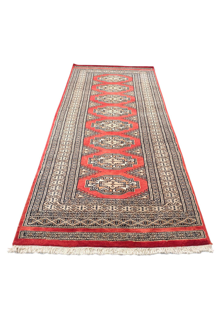 Hand-knotted wool pile of red beige Yamoud rug, 69×158cm