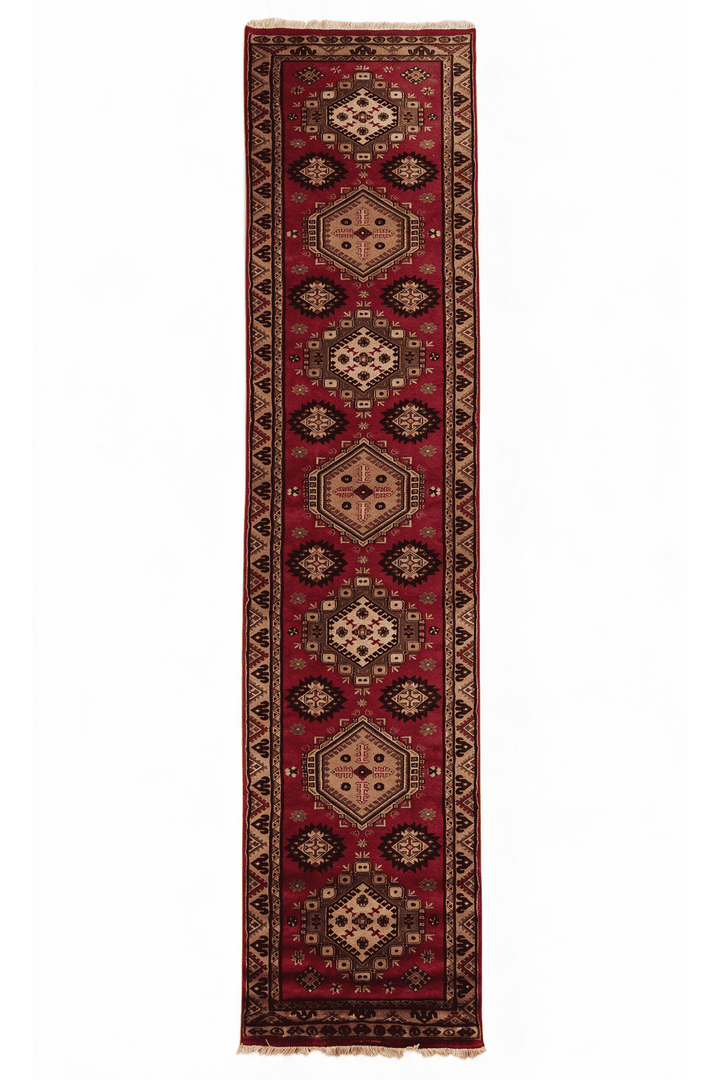Red and apricot alternating medallion Kazak runner, 78×305cm