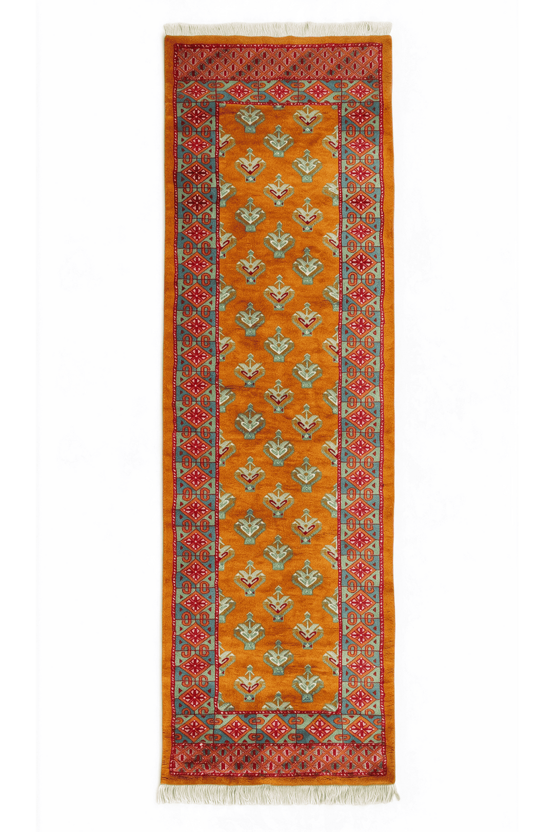 Saffron and teal flowering shrub repeat runner, 82×234cm