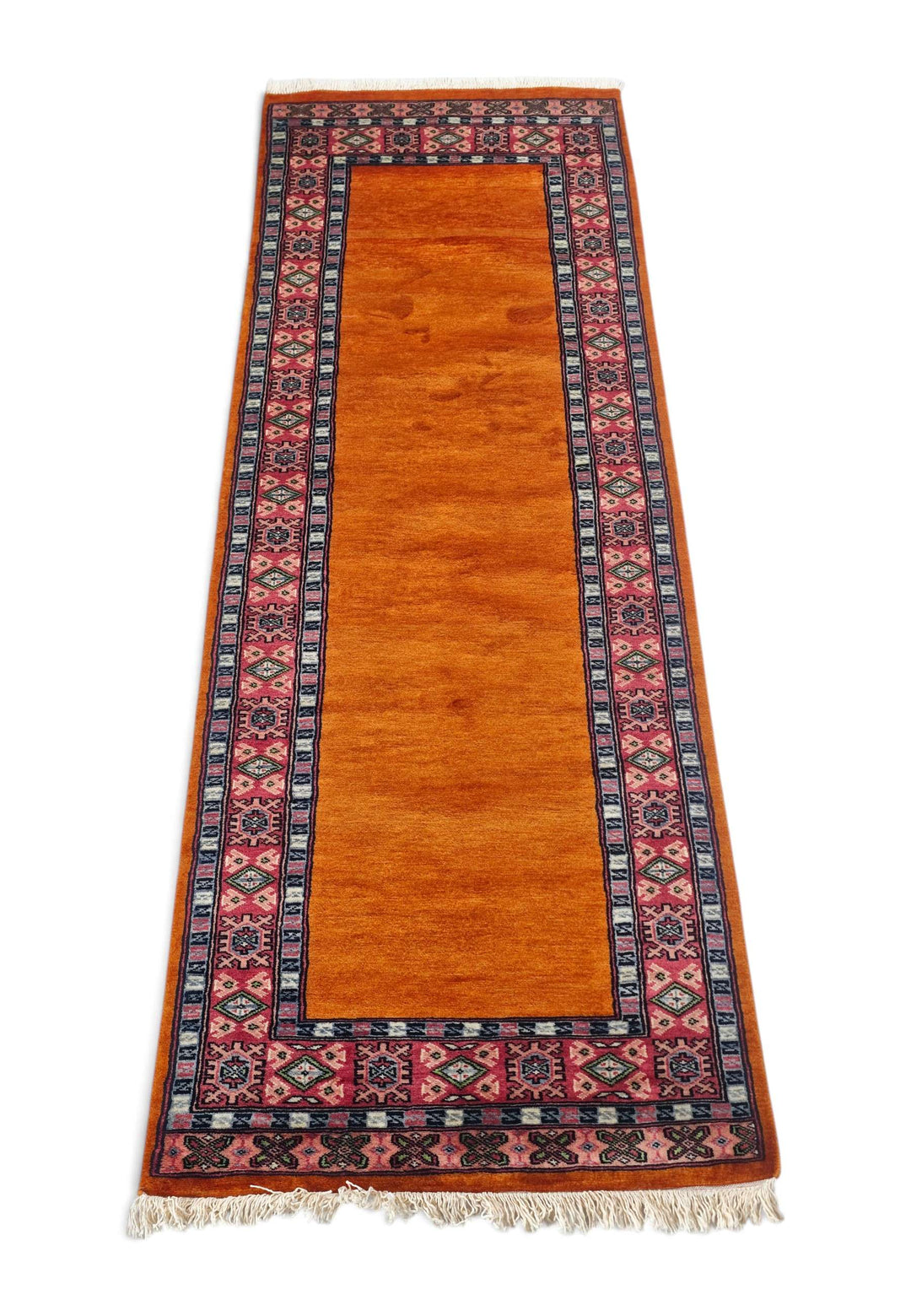 Border detail of saffron rose hand-knotted Pakistani runner