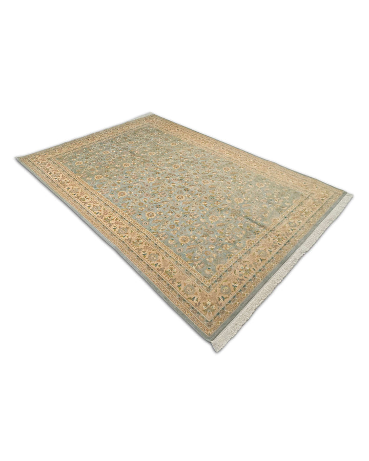 Border detail of sage green Afshan hand-knotted Pakistani rug