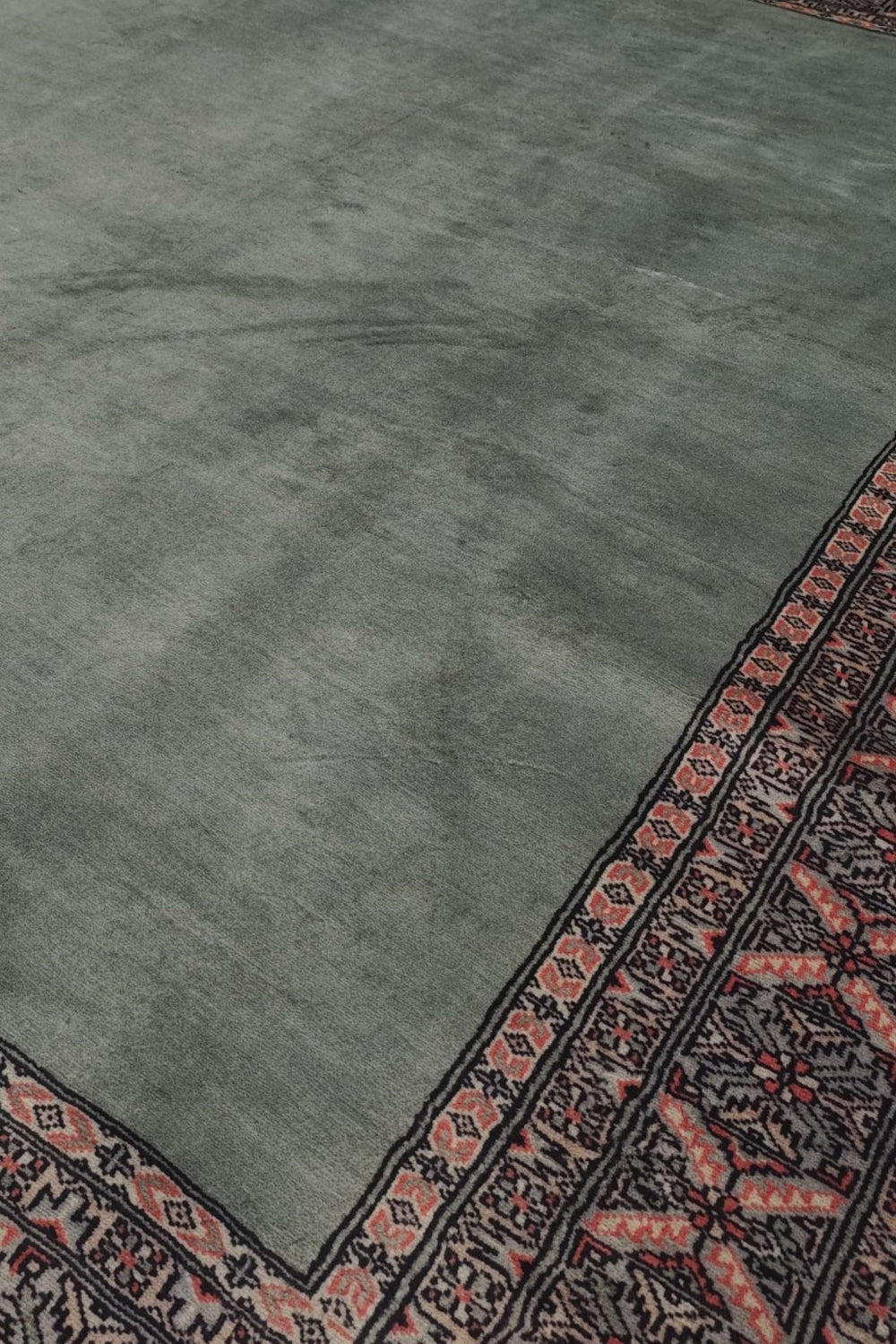 Plain field detail in sage green and rose on Bokhara rug