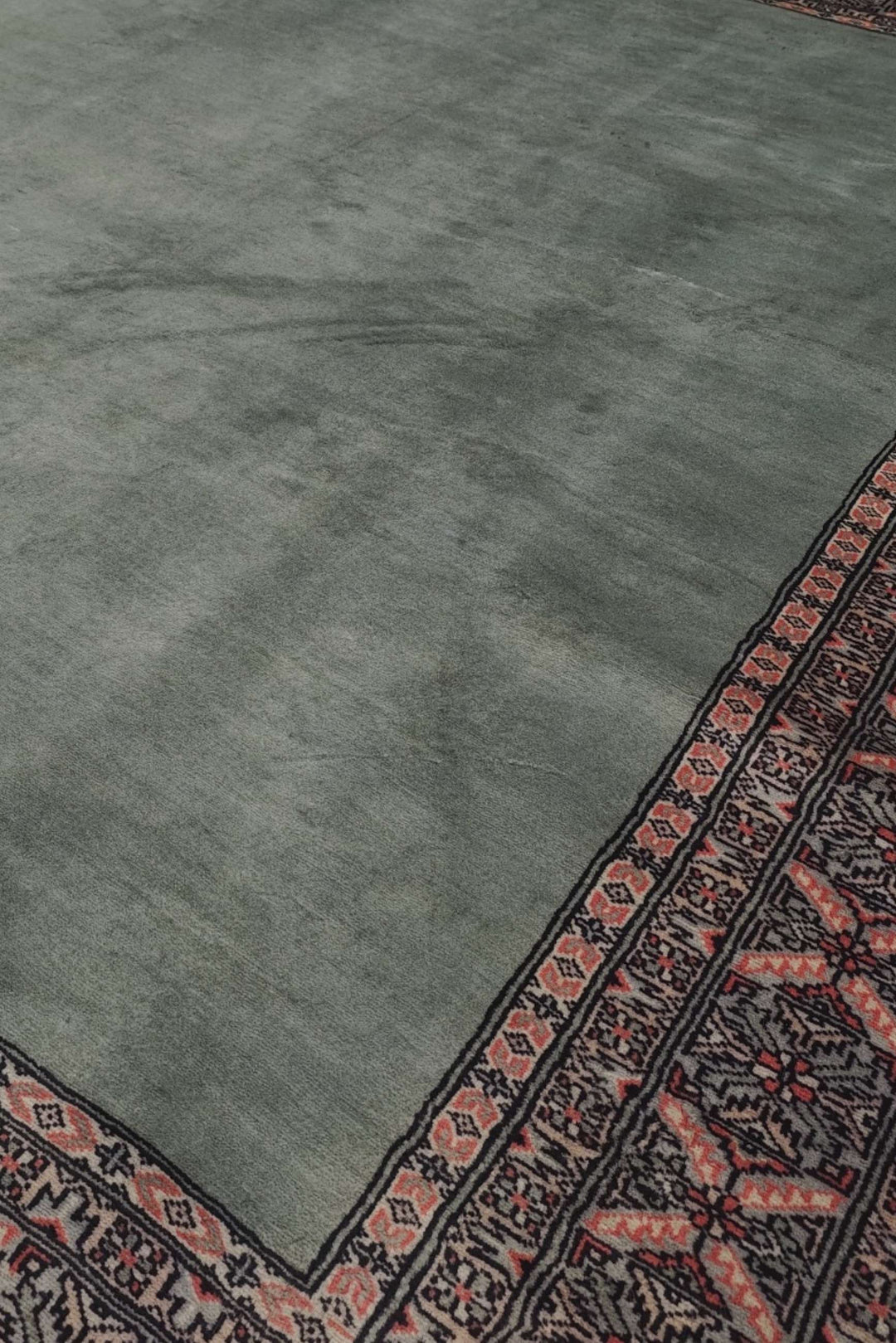 Plain field detail in sage green and rose on Bokhara rug