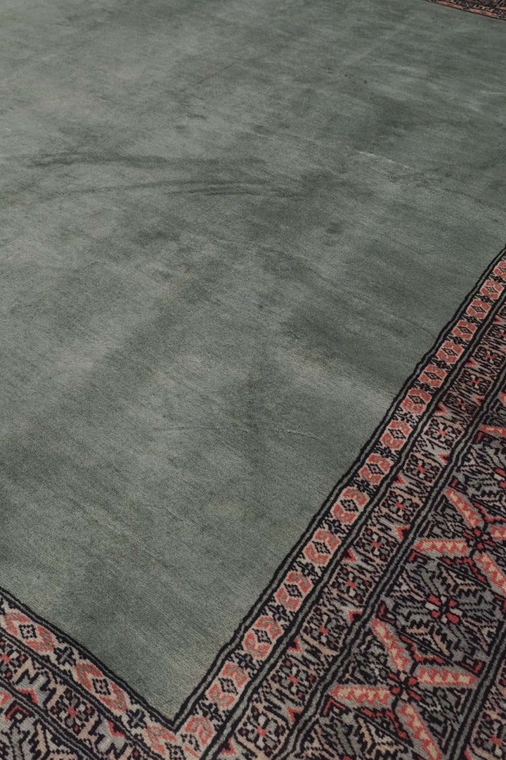 Plain field detail in sage green and rose on Bokhara rug