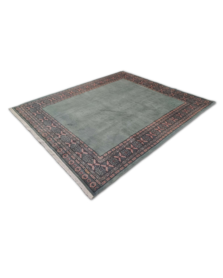 Hand-knotted wool pile of sage green Bokhara rug, 199×236cm