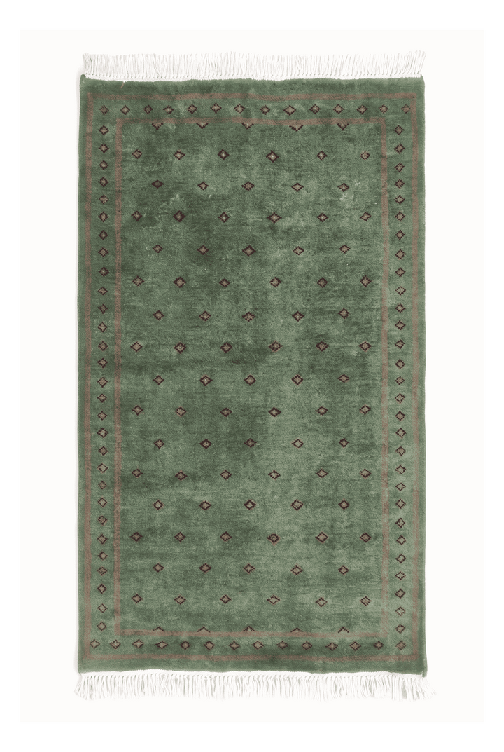 Sage green and brown dot-grid rug, 62×90cm, entrance mat size