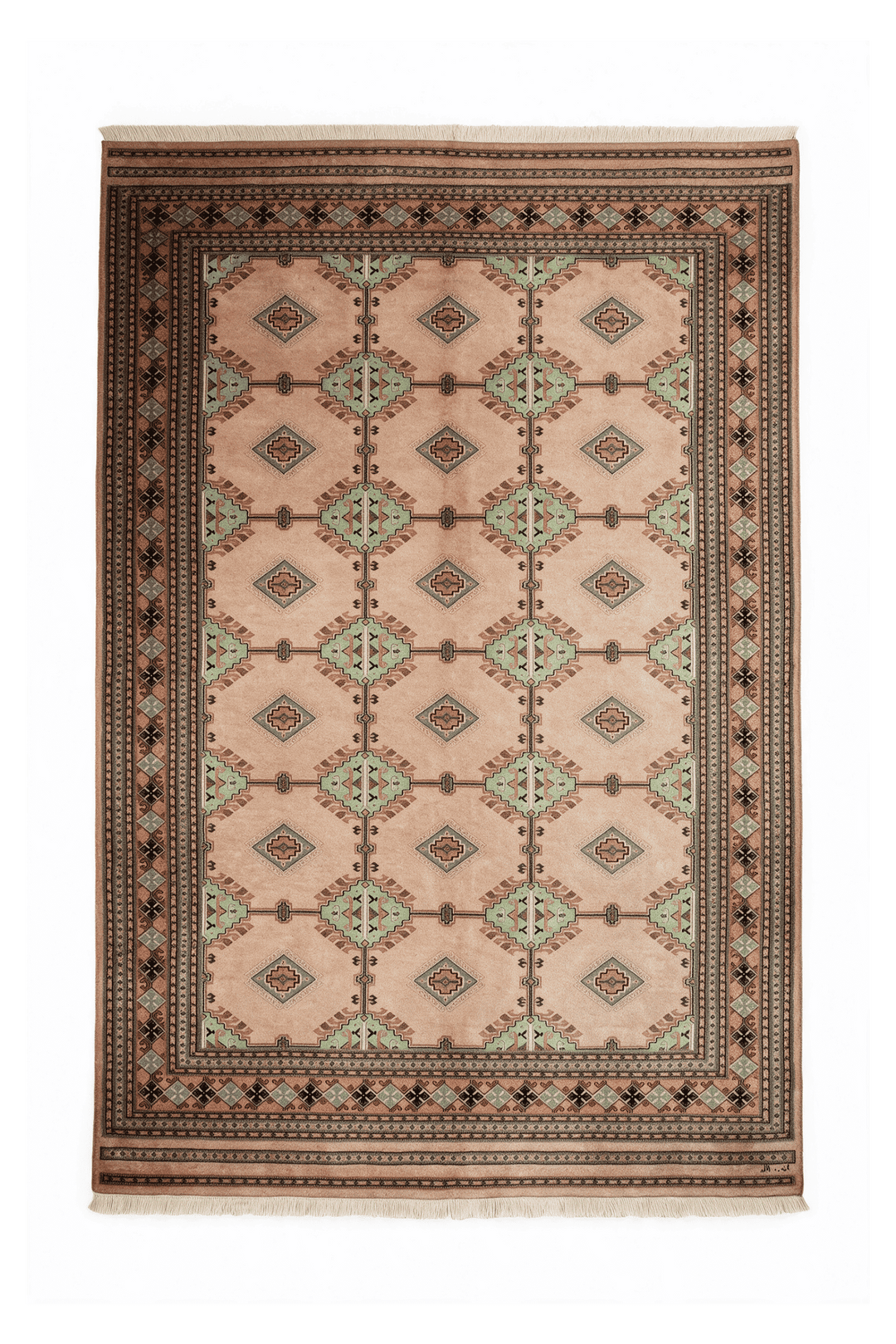 Blush camel and sage alternating lattice rug, 206×246cm, signed, 3 tatami
