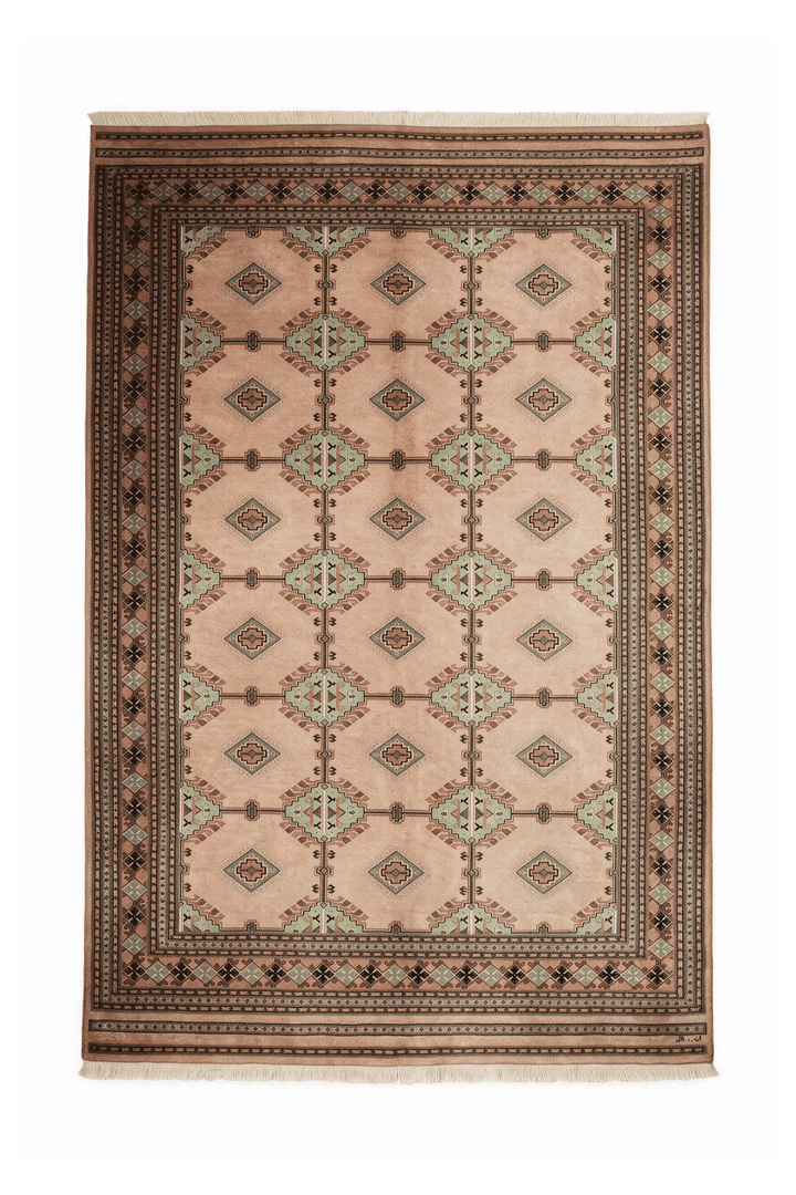 Blush camel and sage alternating lattice rug, 206×246cm, signed, 3 tatami