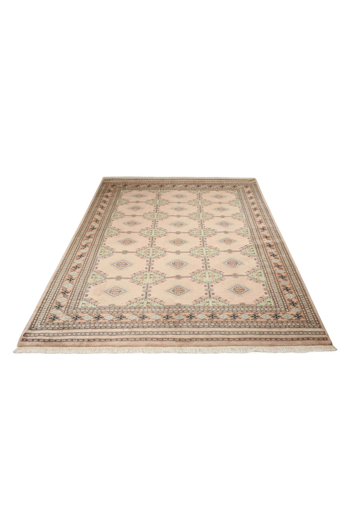 Hand-knotted wool pile of blush sage lattice rug, 206×246cm