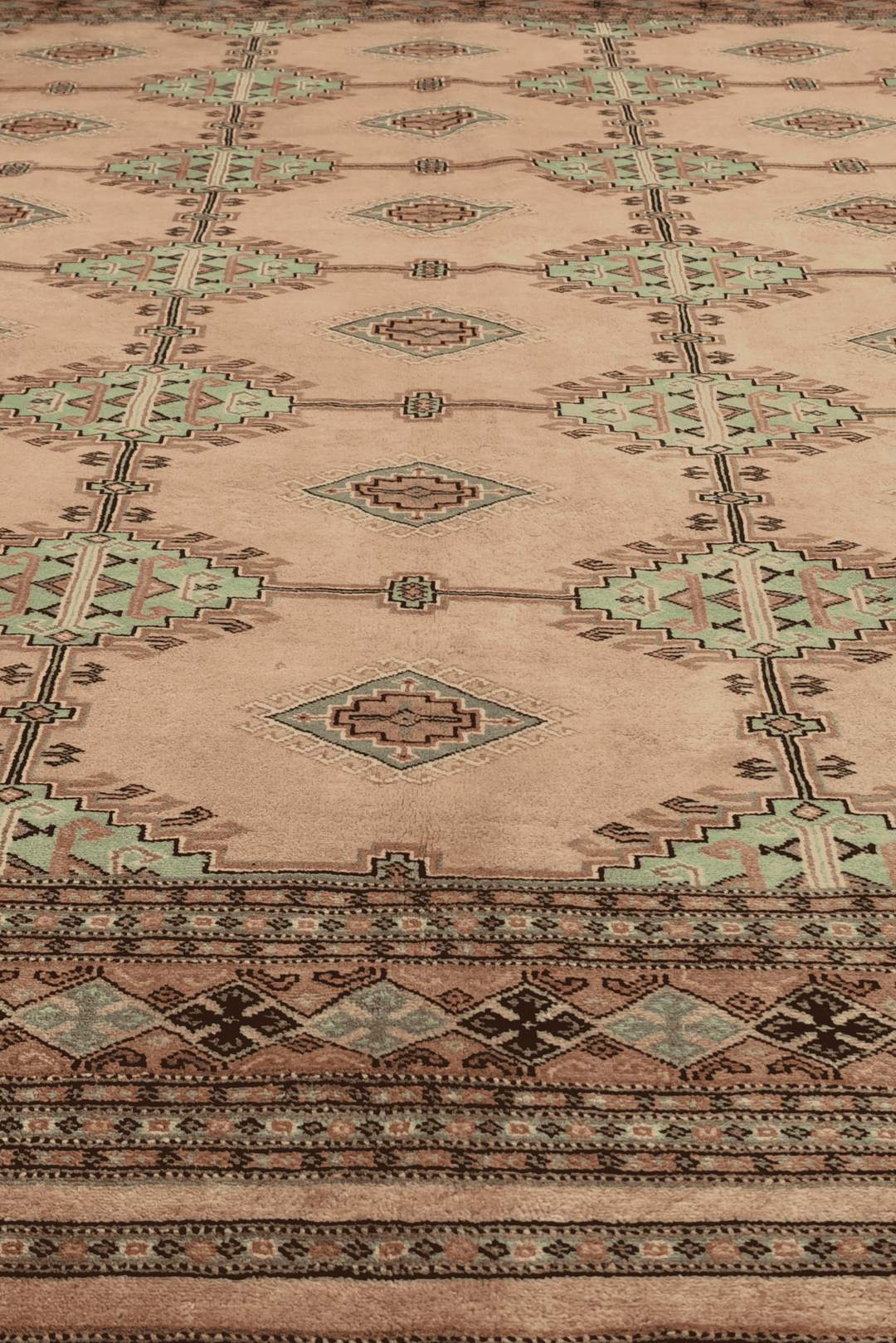 One-of-a-kind signed blush camel and sage Pakistani rug
