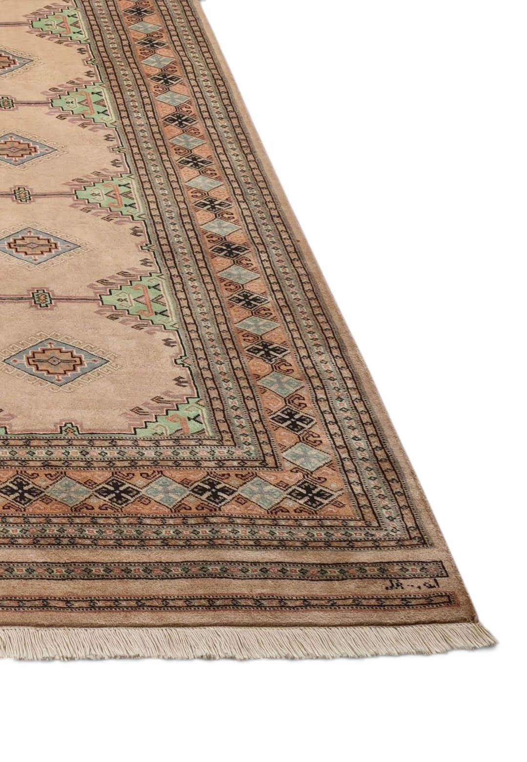 Hand-knotted blush rug with sage alternating lattice field