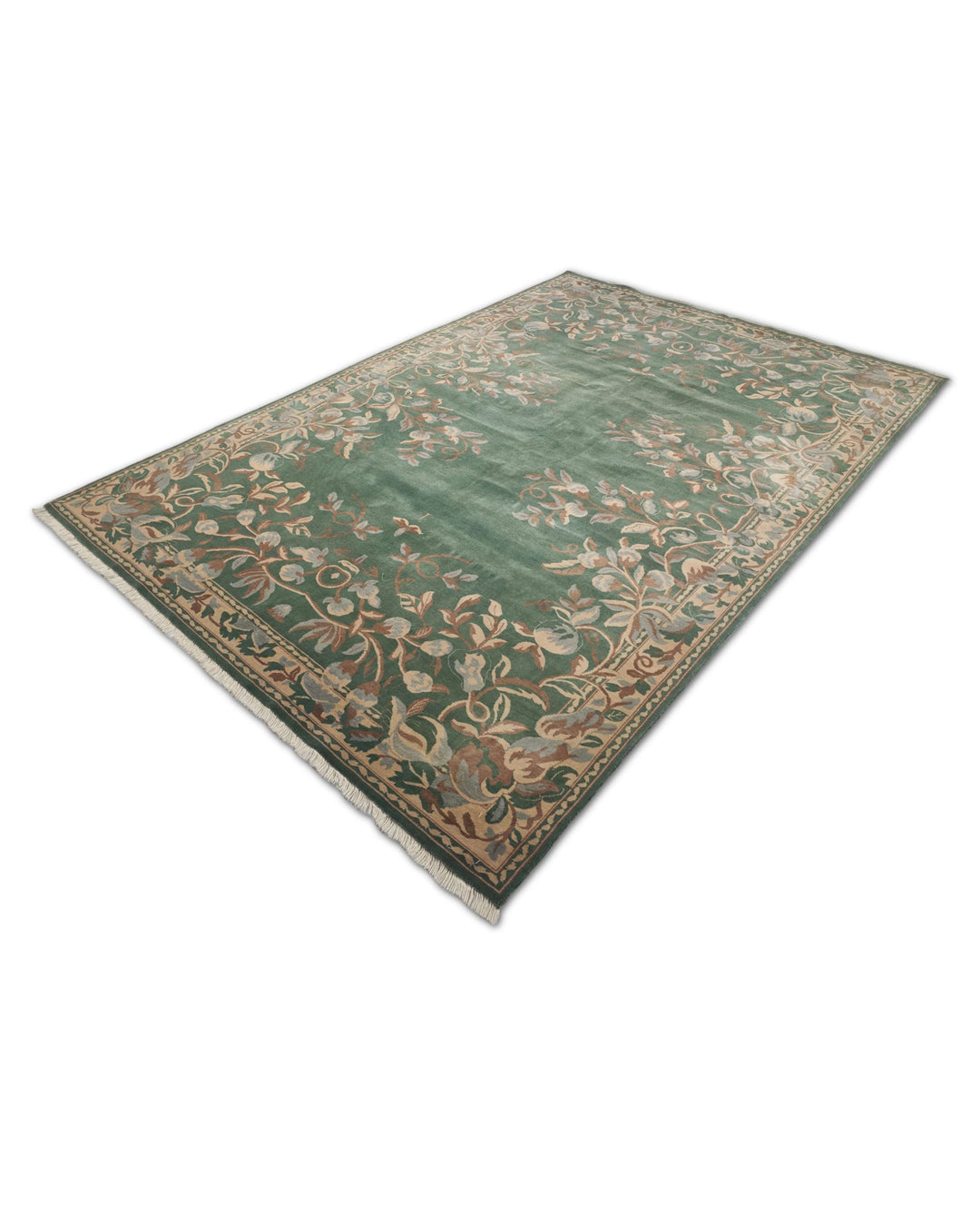 One-of-a-kind green and camel Gol Farang Pakistani rug
