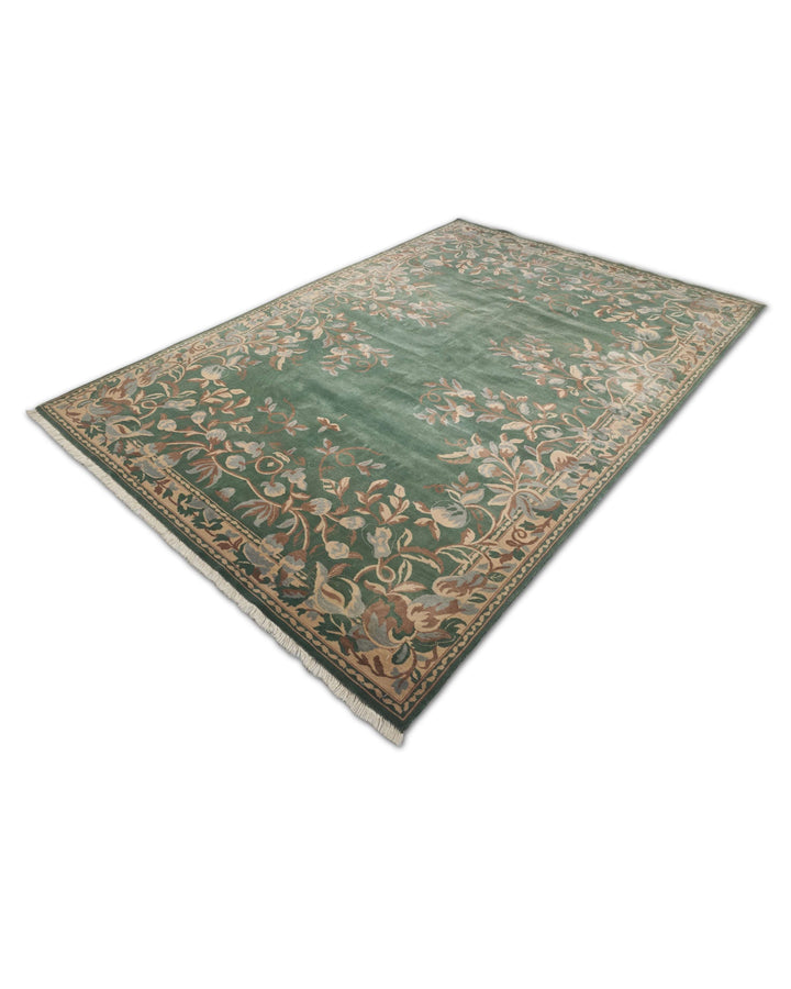 One-of-a-kind green and camel Gol Farang Pakistani rug