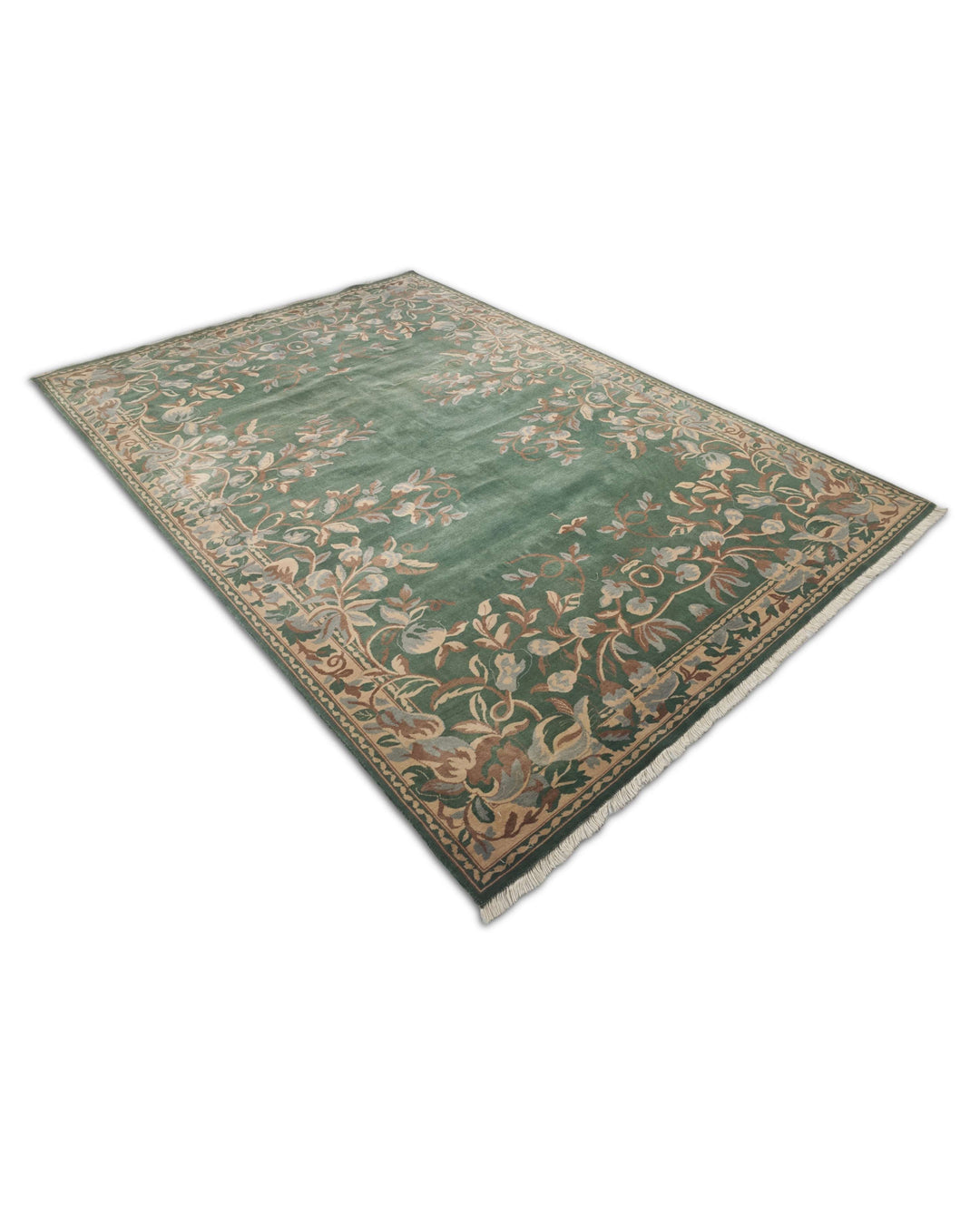 Hand-knotted green rug with Gol Farang floral on open field
