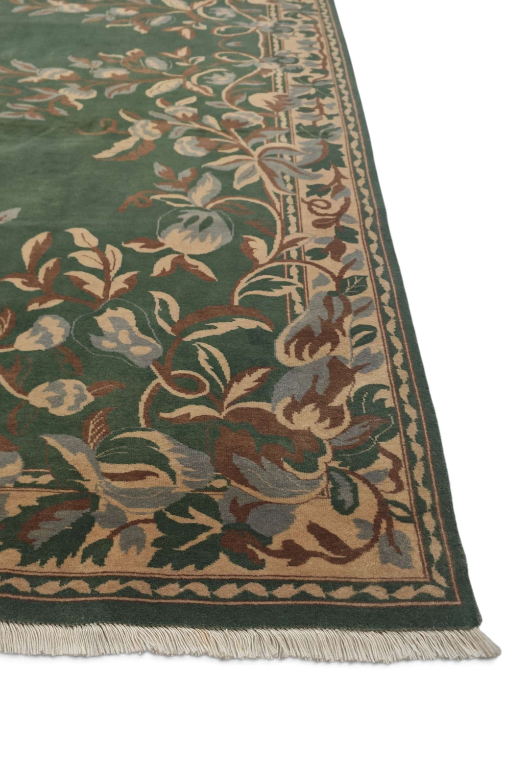 Corner of green and camel Gol Farang hand-knotted rug