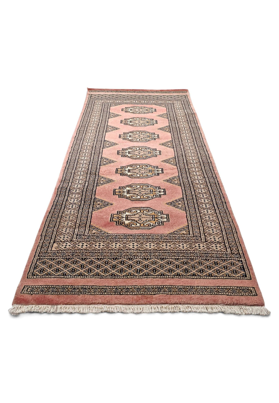 Hand-knotted wool pile of terracotta Yamoud rug, 69×149cm