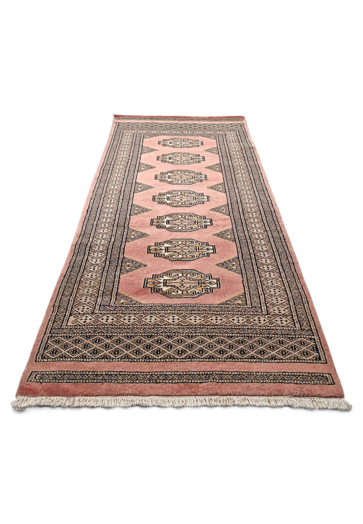 Hand-knotted wool pile of terracotta Yamoud rug, 69×149cm