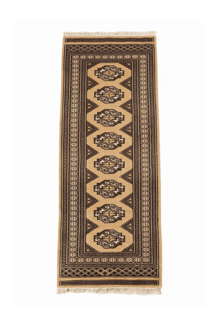 Wheat gold and beige Yamoud hand-knotted wool rug, 70×158cm, entrance mat size