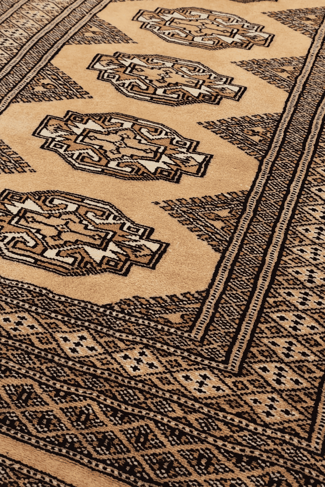 Turkmen Yamoud motifs in wheat gold and beige on wool rug