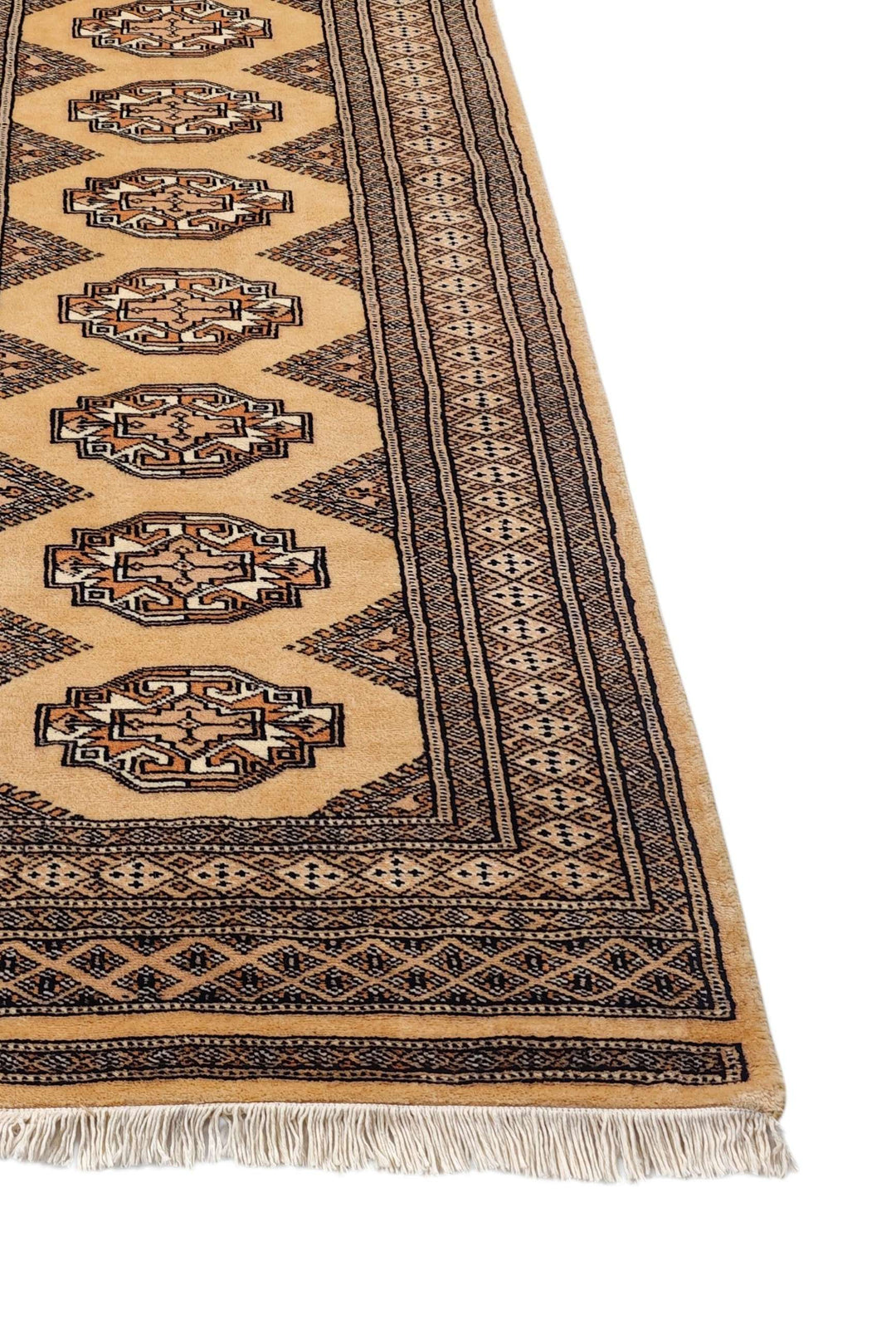 Wheat gold and beige hand-knotted Yamoud wool rug, 70×158cm